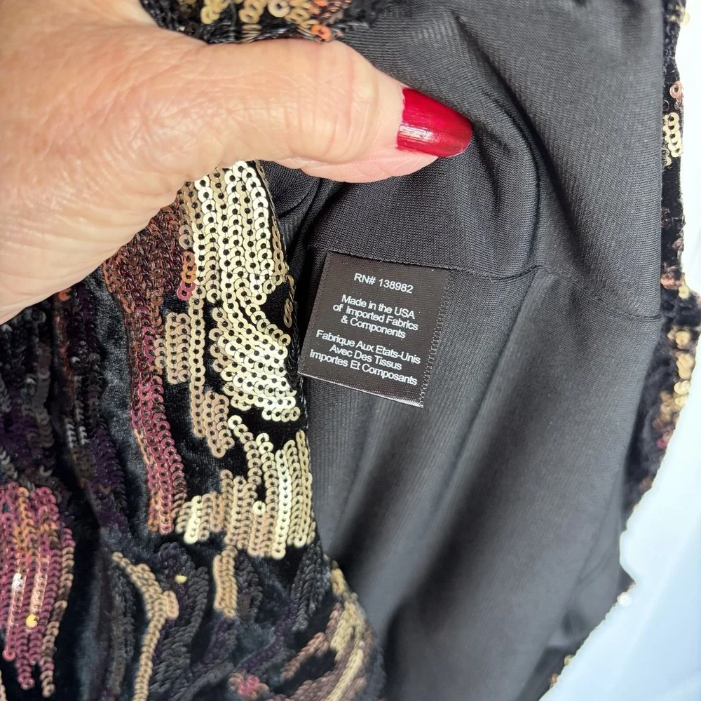 Dress the Population Black Gold Sequin Velvet V-Neck Cap Sleeve Sheath Midi Glam - Picture 10 of 12